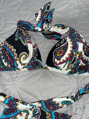 Women’s Paisley Halter Bikini Top - Black & White with Teal/Pink Accents
